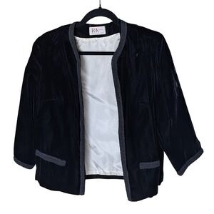 Vintage RK Originals Black Velvet‎ Open Front JacketTrim Lined Evening Blazer